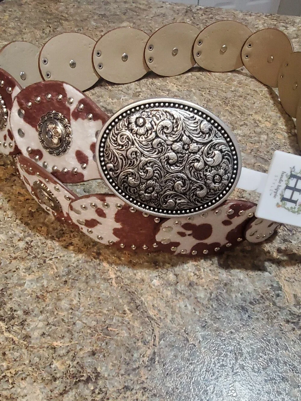 HAUTE HIPPIE NWT LARGE XLARGE. BROWN WHITE COW PRINT CONCHO BELT. WESTERN